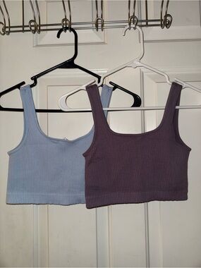 Ribbed Square-Neck Cropped Tank Top - Blue & Mauve